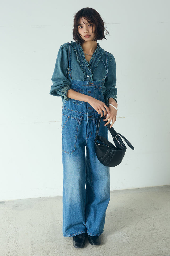 [SET]Vネックデニムフリルトップス+デニムサロペットワイドパンツ(2set)