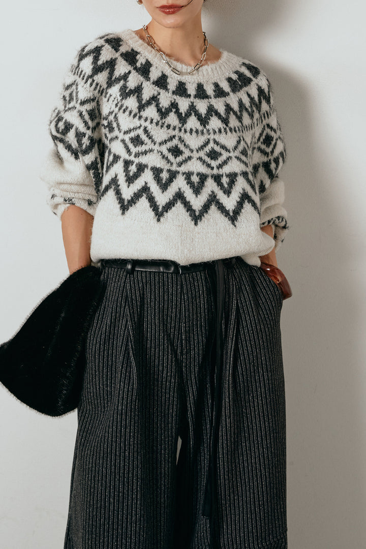 [SET]ノルディック柄Uネックプルオーバー+レザーライク配色ストライプパンツ(2set)