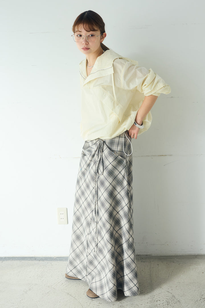 [SET]ナイロンフーディーブルゾンアウター+タータンチェック柄フロントデザインスカート(2set)