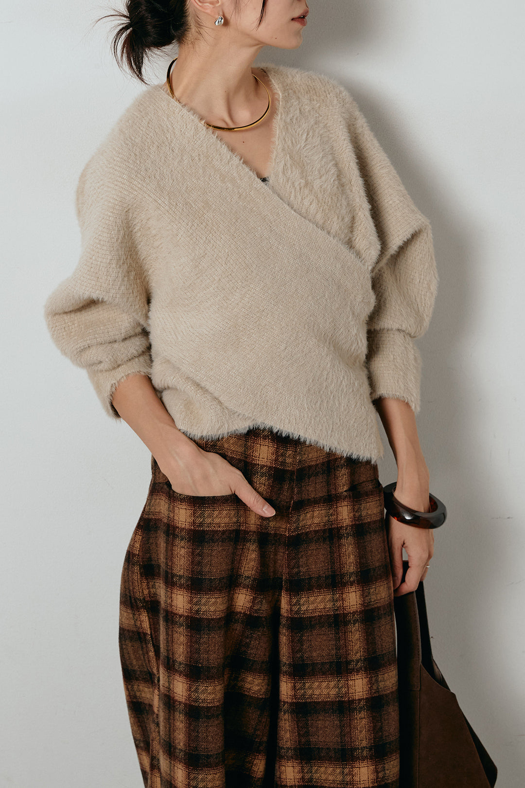 [SET]シャギーカシュクールニットトップス+ルーズタータンチェックワイドパンツ(2set)