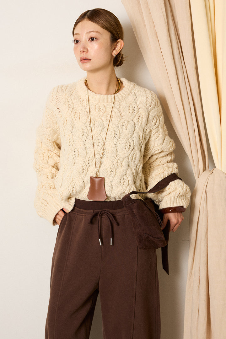 [SET]ケーブルリラックスショートニット+スウェットワイドカーブパンツ(2set)