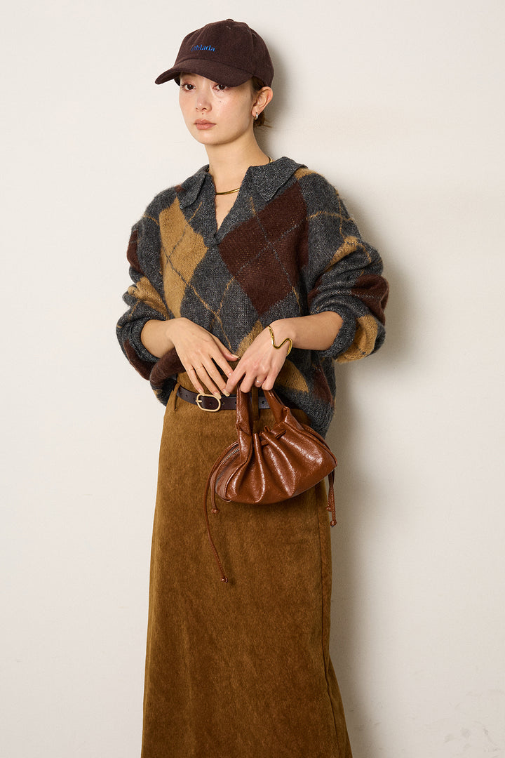 [SET]アクリルモヘアアーガイルキーネックプルオーバー+ロープベルト付きスウェード調スカート(2set)