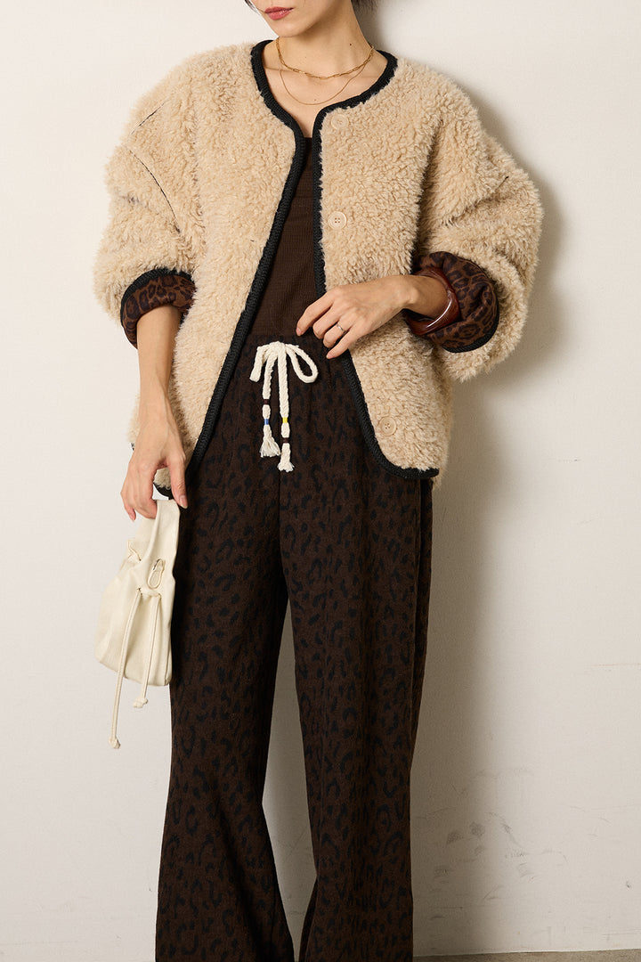 [SET]ノーカラー裏地レオパードボアアウター+レオパードジャガードニットパンツ(2set)