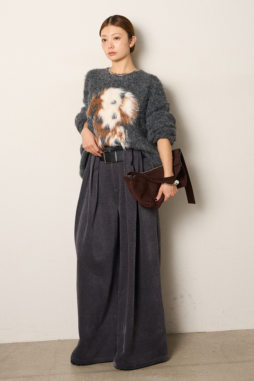 [SET]シャギーニュアンスアニマルニット+ベルトループコーデュロイワイドパンツ(2set)
