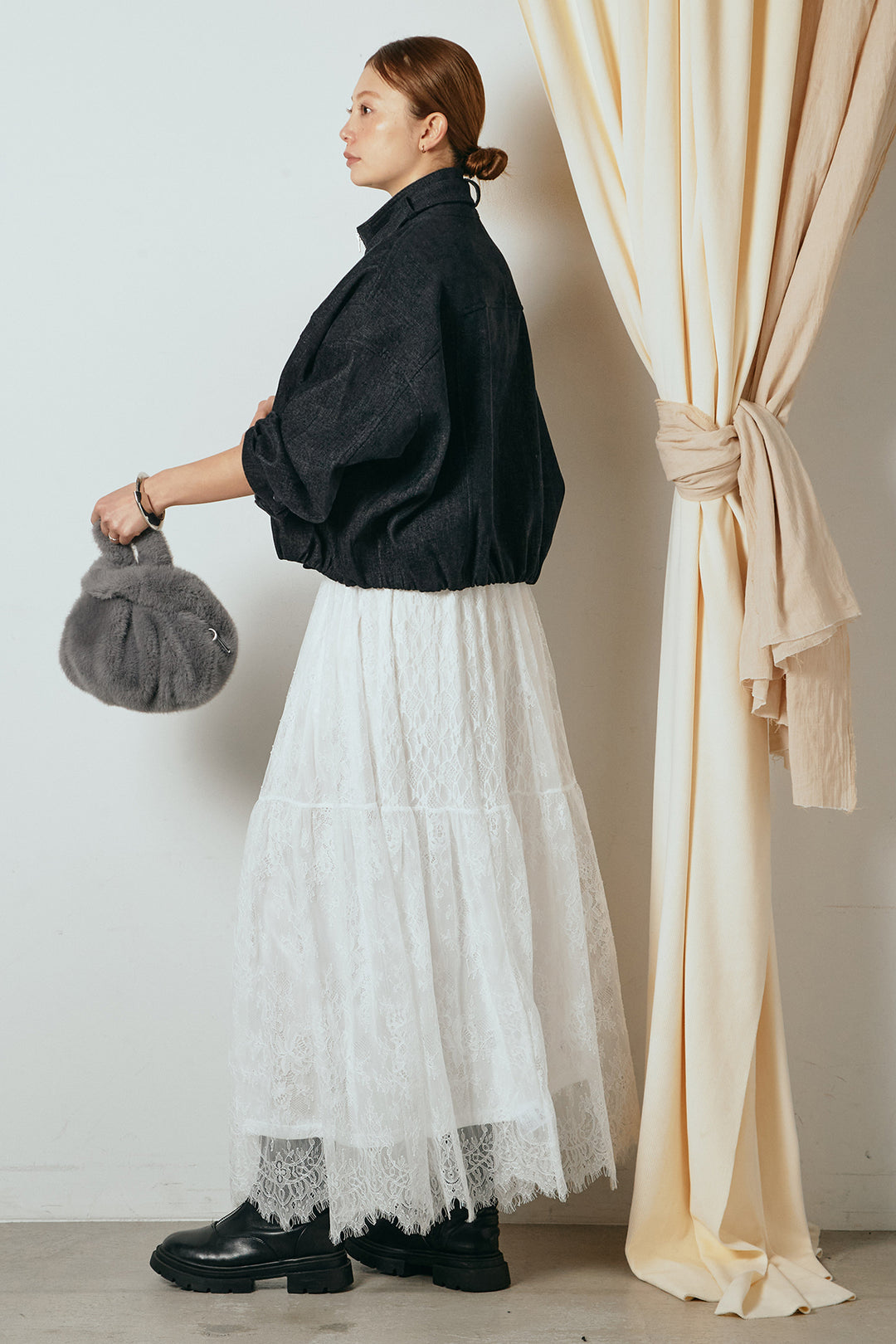 [SET]デニム調ハイネックブルゾン+ひげレース切替ロング丈スカート(2set)