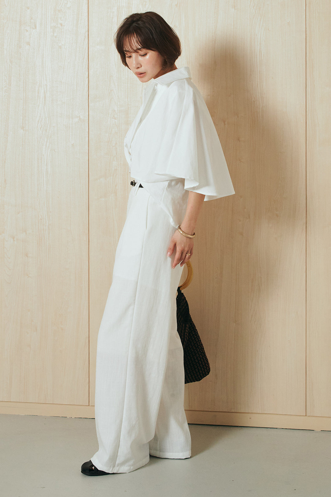 [SET]ダブルボタンシャツ+細ベルト付きタックワイドパンツ(2set)