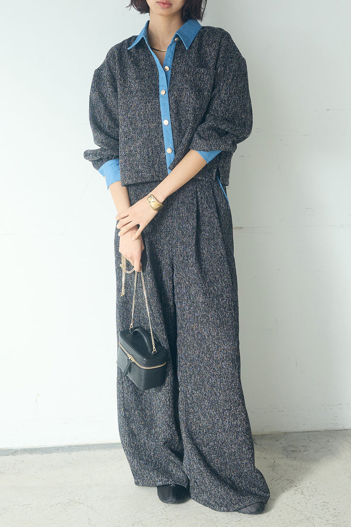 [SET]ツイード×デニムショート丈シャツ+ツイード×デニムハイウエストラインロングパンツ(2set)