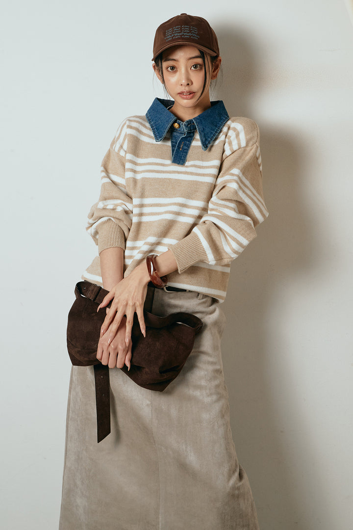 [SET]デニムレイヤード風ランダムボーダーニットプルオーバー+エコスウェードワイドスカート(2set)