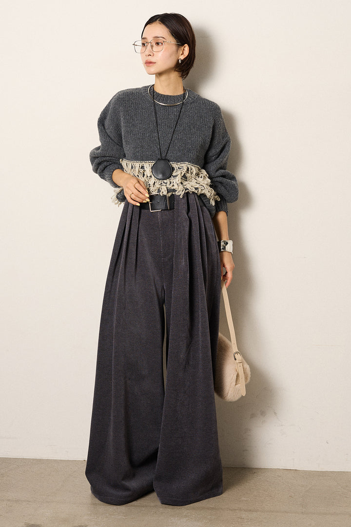 [SET]ループ編み切り替えニットプルオーバー+ベルトループコーデュロイワイドパンツ(2set)