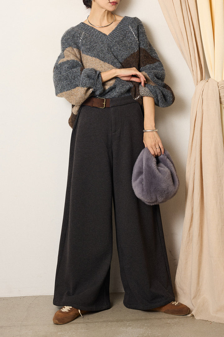 [SET]ルーズアーガイルVネックニット+サイドベルトパンツ(2set)