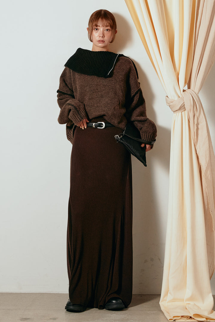 [SET]ハイネックジップデザインニットトップス+サイド切り替えリブニットロングスカート(2set)