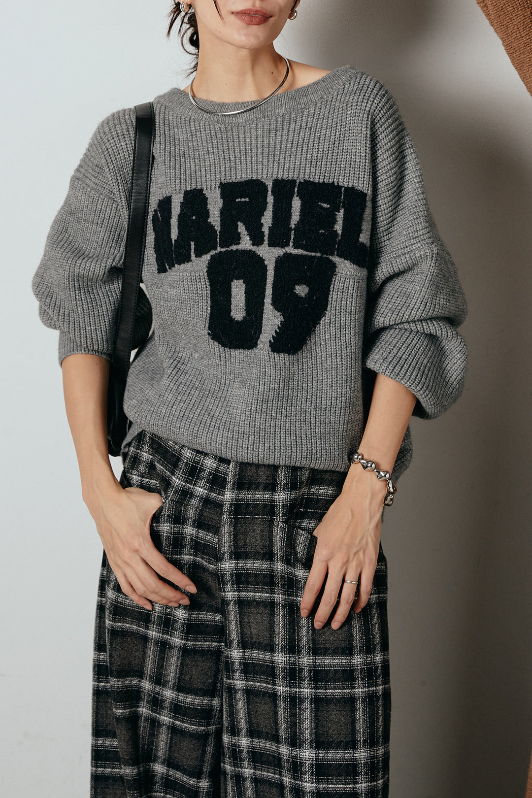 [SET]ロゴジャガードニットトップス+ルーズタータンチェックワイドパンツ(2set)