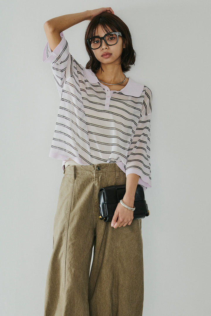 [SET]ボーダーニットポロシャツ+サイドベルトカーブワイドパンツ(2set)