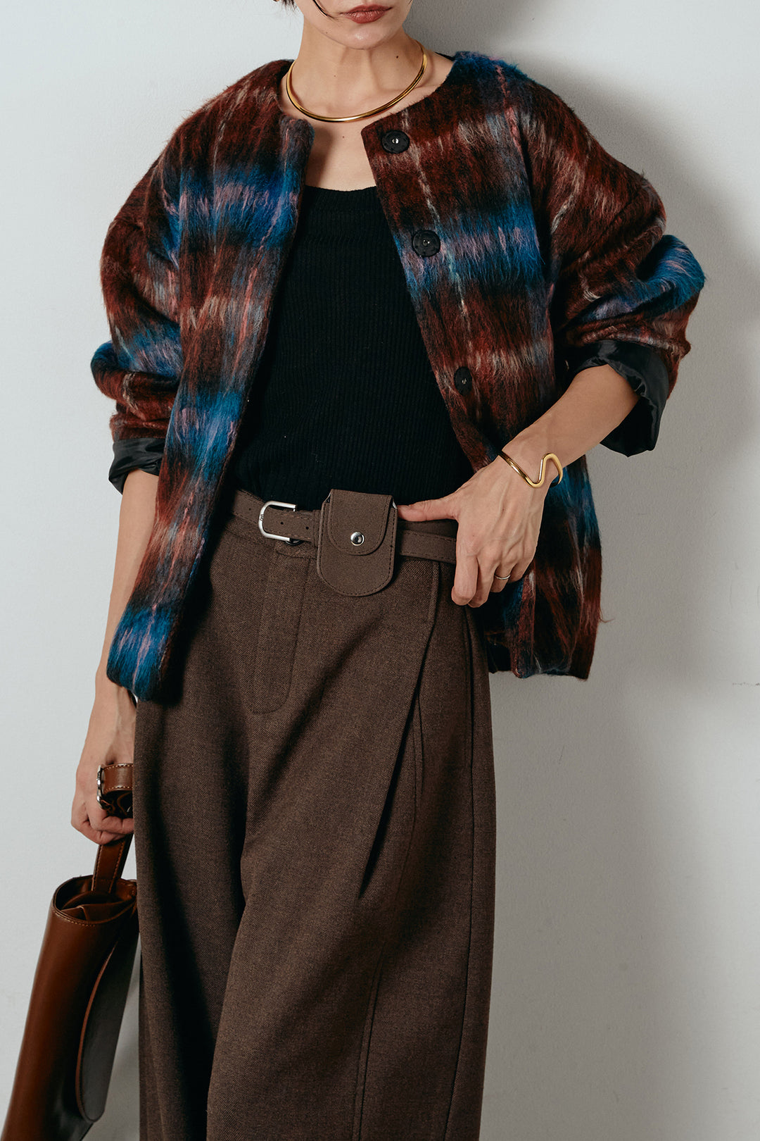 [SET]ノーカラーシャギーチェックアウター+ポーチベルト付きカーブパンツ(2set)