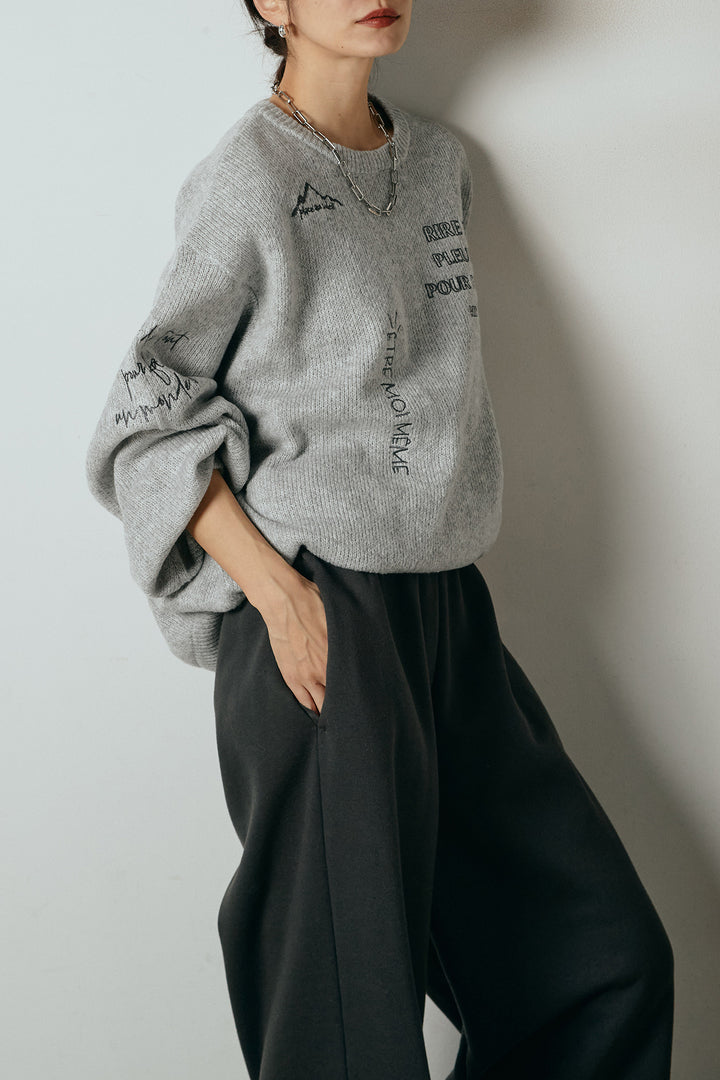 [SET]刺繍ロゴランダムデザインニットトップス+裏起毛スウェットワイドパンツ(2set)