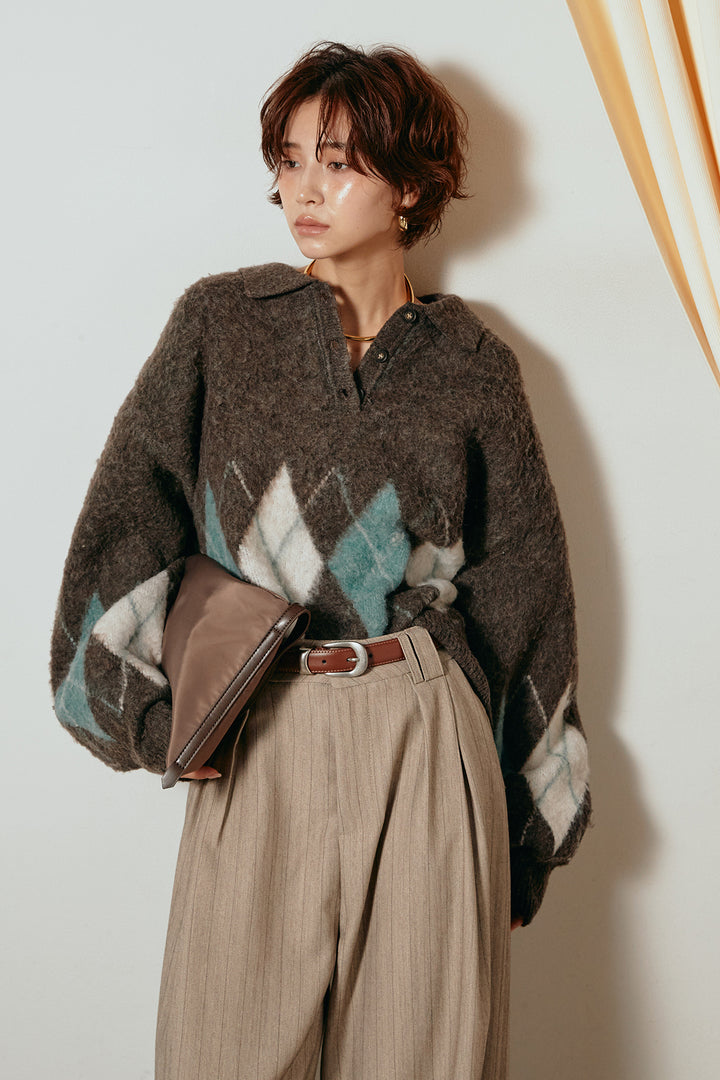 [SET]アーガイル柄ポロニットトップス+ストライプヘリンボーンパンツ(2set)