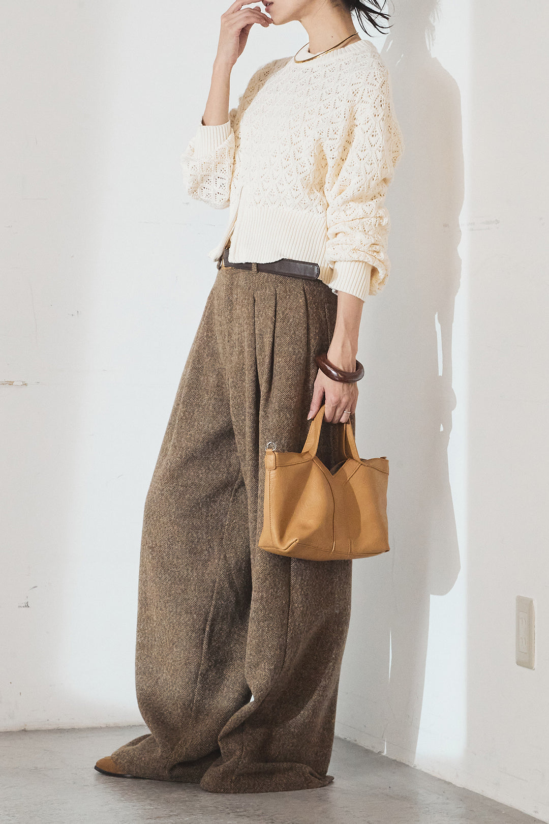 [SET]透かし編みニットジップスリットプルオーバー+タックツイードワイドパンツ(2set)