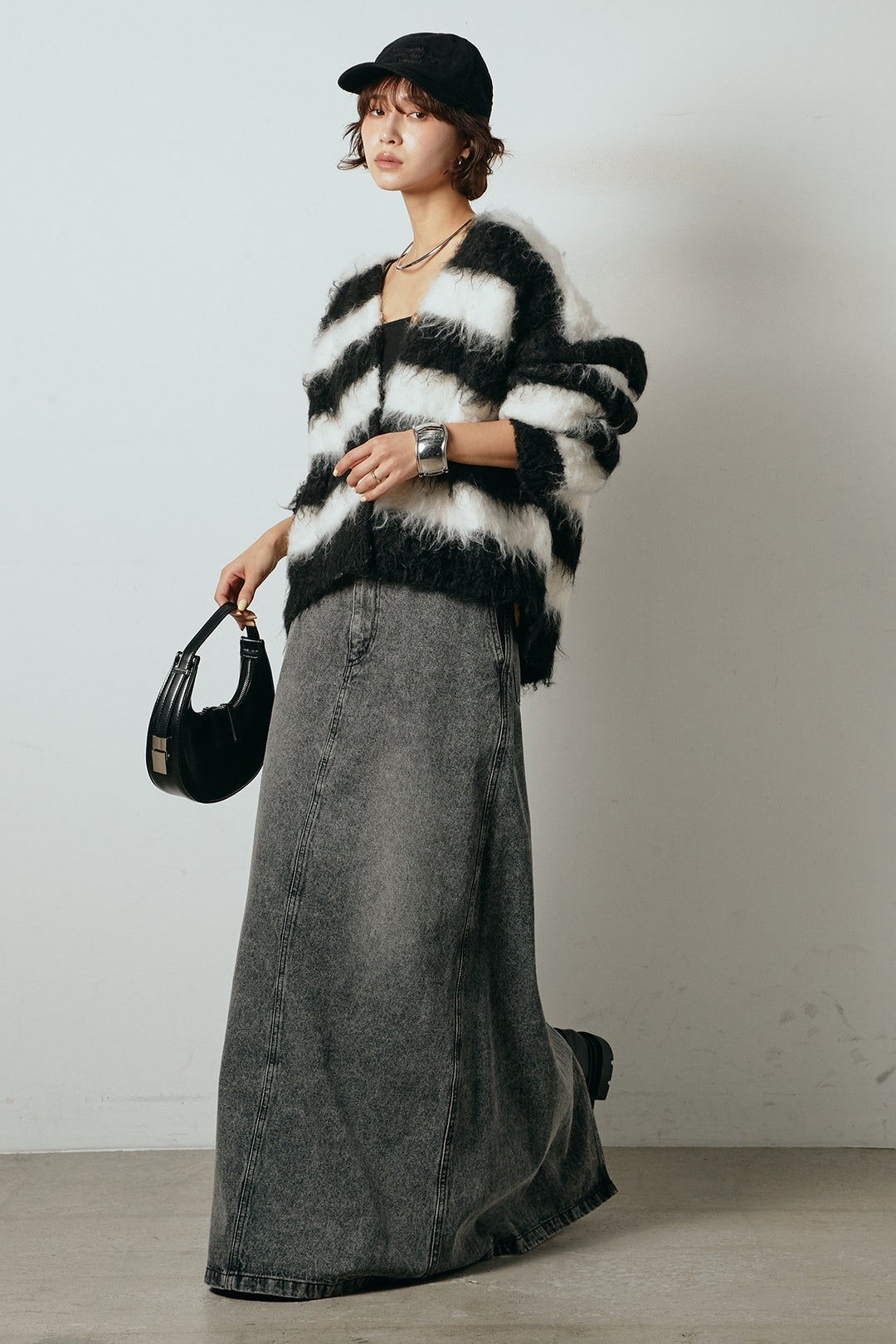 [SET]シャギーボーダー柄ニットカーディガン+デニムロングフレアスカート(2set)