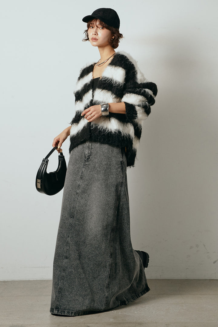 [SET]シャギーボーダー柄ニットカーディガン+デニムロングフレアスカート(2set)