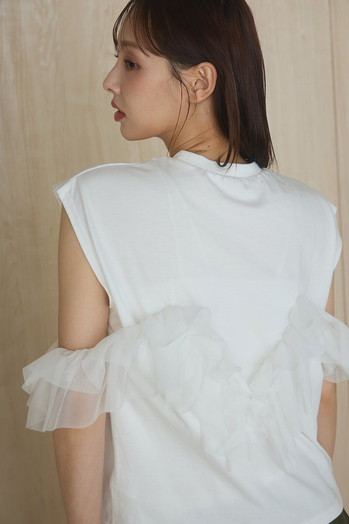 [SET]チュールフリルフレンチTシャツ+ルーズカーゴワイドパンツ(2set)