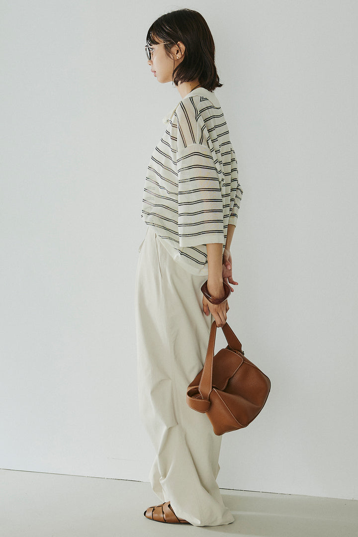 [SET]ボーダーニットポロシャツ+ニーサイドタックウエストドロスパンツ(2set)