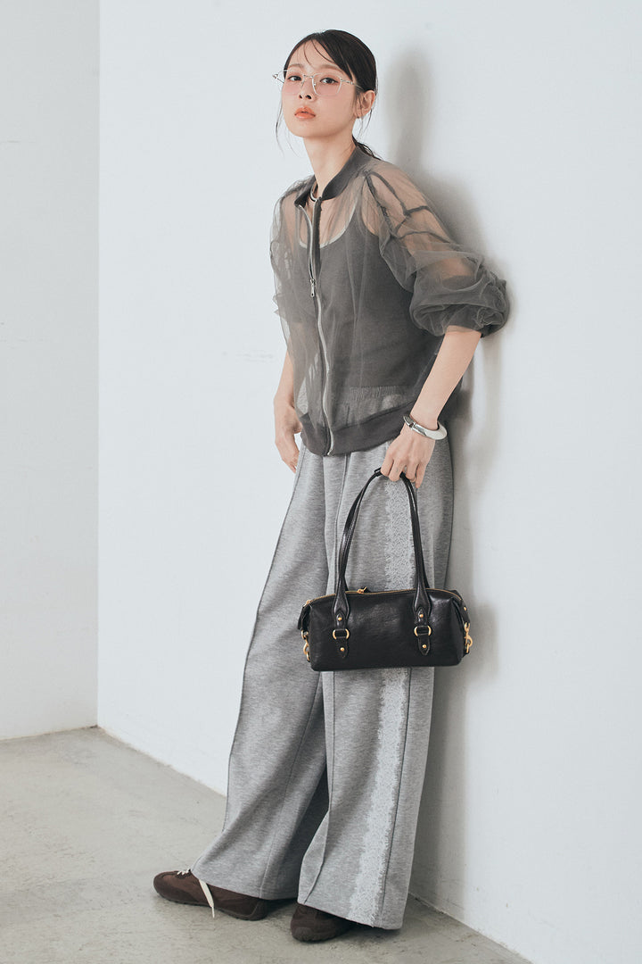 [SET]エアリーチュールスリーブシアーブルゾン+Wフェイスカットソーサイドレースラインパンツ(2set)