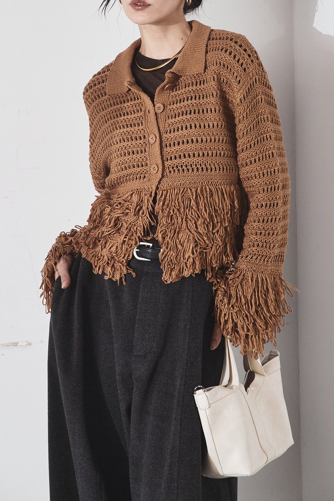 [SET]メッシュフリンジカーディガン+ウールタッチカーブワイドパンツ(2set)