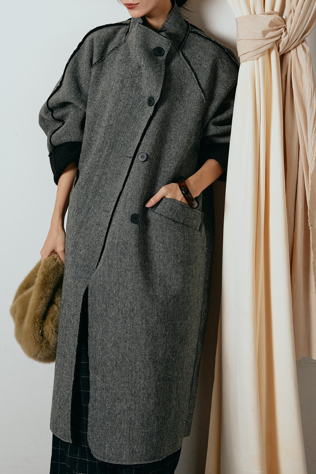 [SET]裏地ボアハイネックロングアウター+ウールライクチェックタックパンツ(2set)