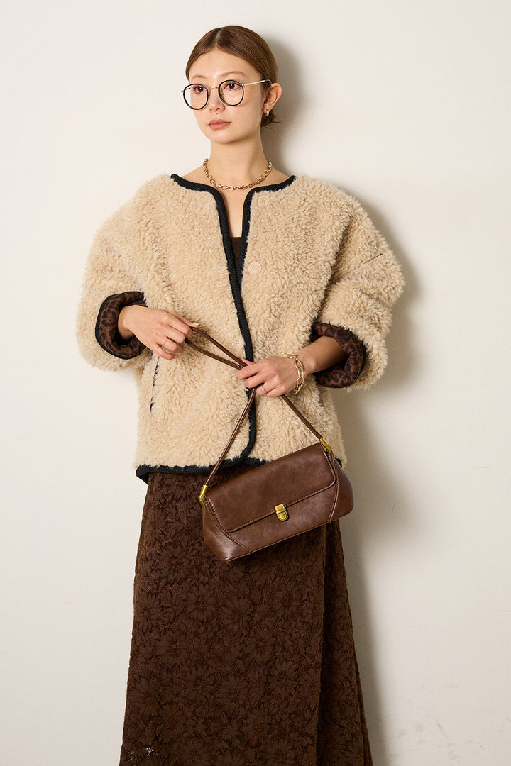 [SET]ノーカラー裏地レオパードボアアウター+花柄刺繍ベロアフレアスカート(2set)