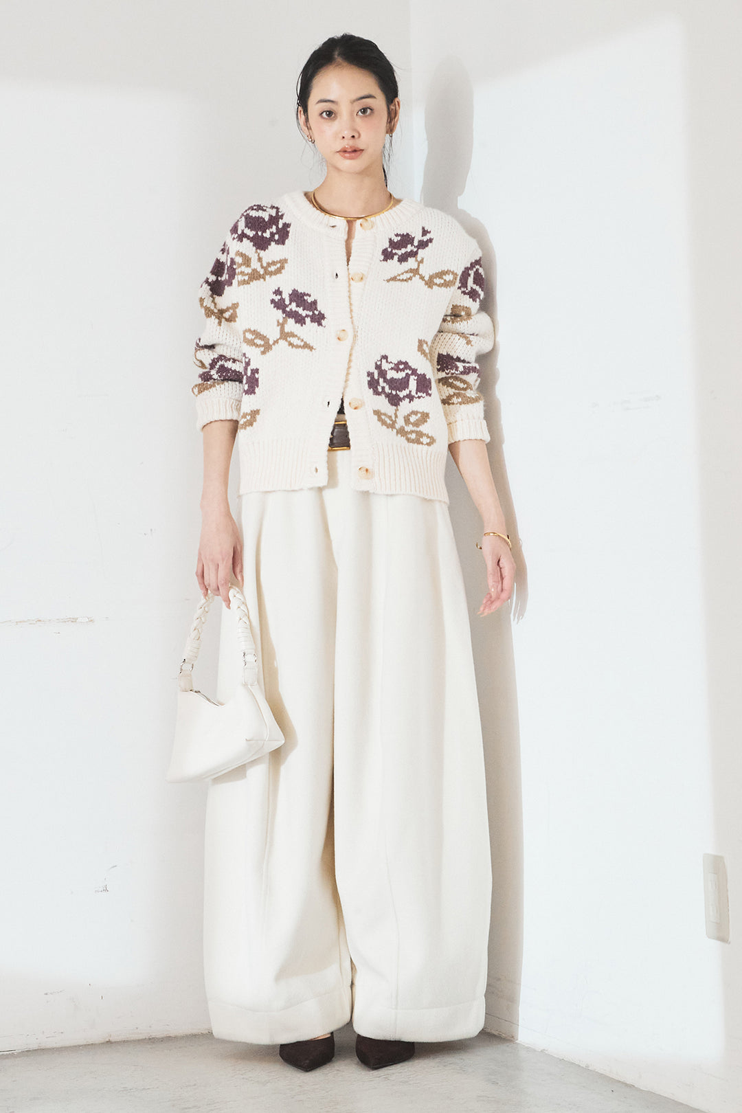 [SET]花柄ジャガードニットカーディガン+ウールタッチカーブワイドパンツ(2set)