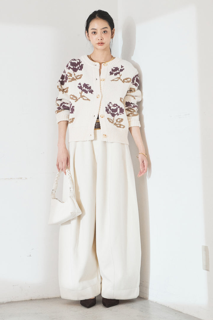 [SET]花柄ジャガードニットカーディガン+ウールタッチカーブワイドパンツ(2set)