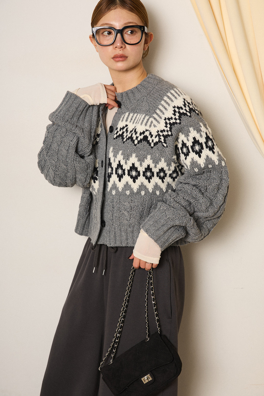 [SET]2WAY求心柄ジャガードショートカーディガン+裏起毛スウェットワイドパンツ(2set)