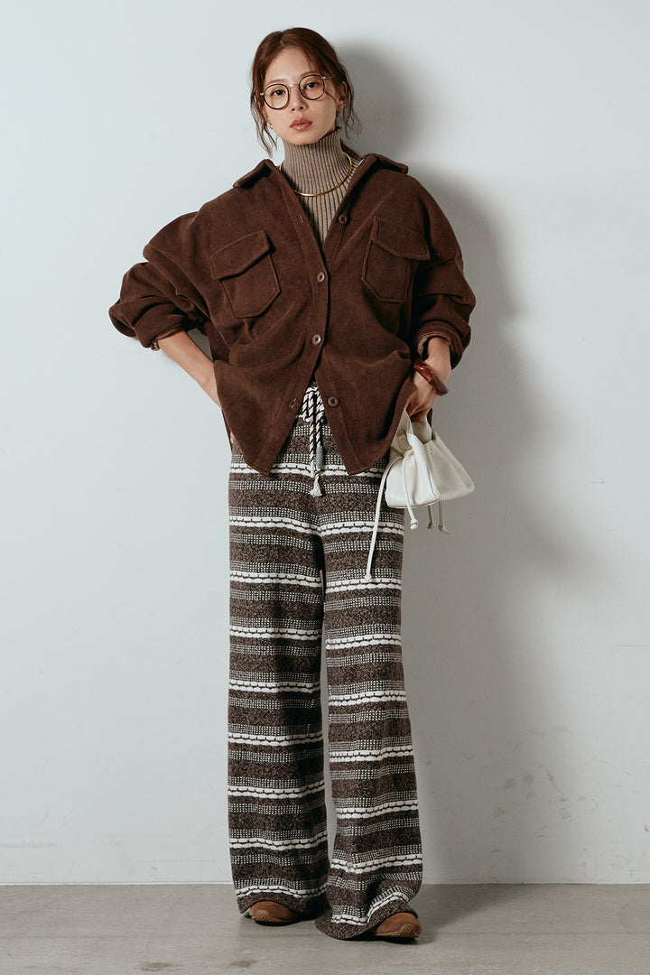 [SET]襟付きコーデュロイポケットシャツ+マルチライン柄リラックスニットパンツ(2set)