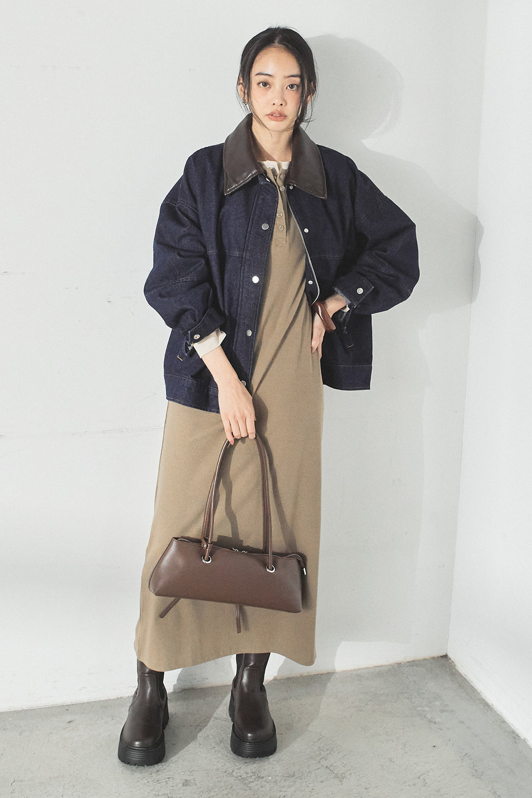 [SET]加工デニムレザー襟付きデニムブルゾン+カットリブレイヤードヘンリーネックワンピース(2set)