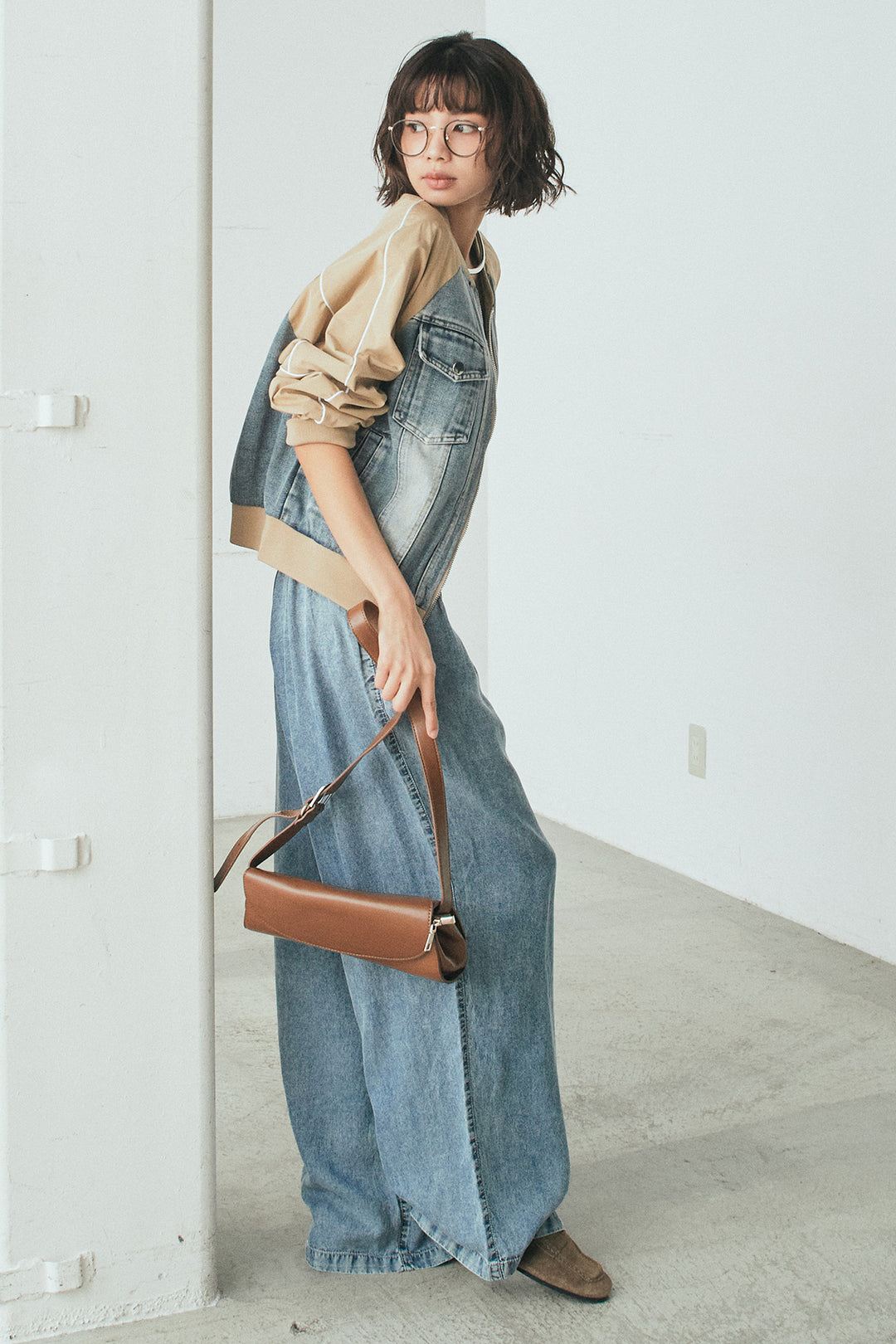 [SET]ナイロンデニムドッキングブルゾン+テンセルデニムイージーワイドパンツ(2set)