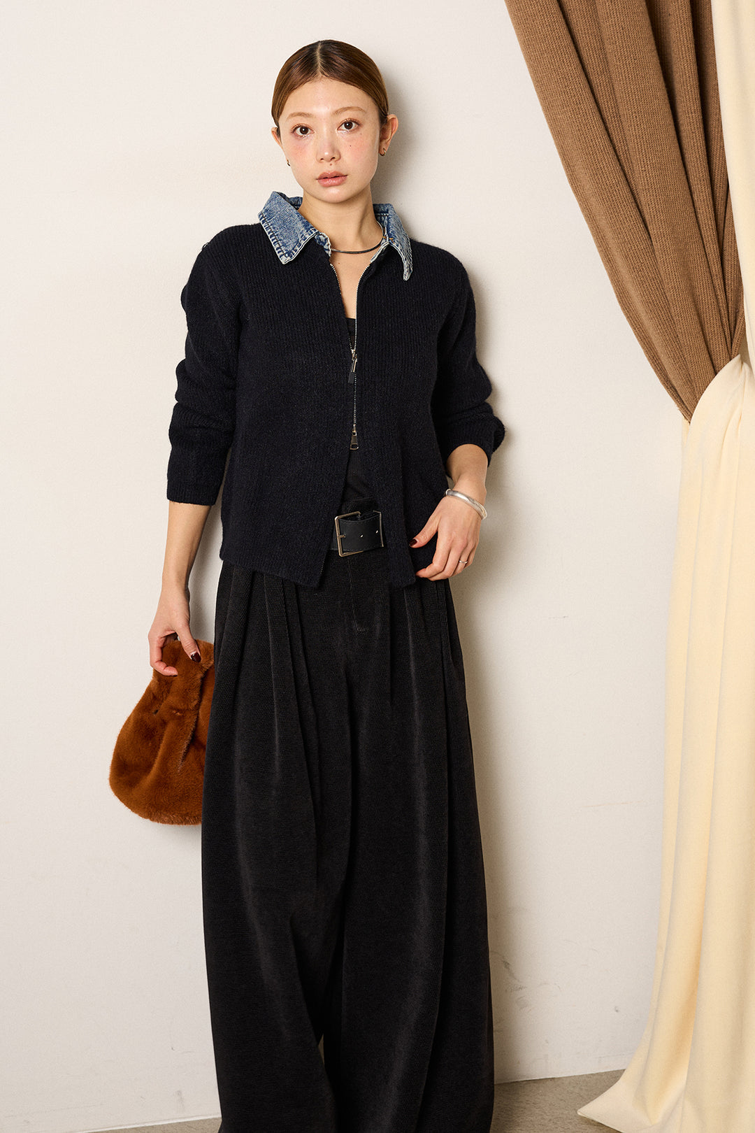 [SET]デニム襟ダブルジップニットトップス+ベルトループコーデュロイワイドパンツ(2set)