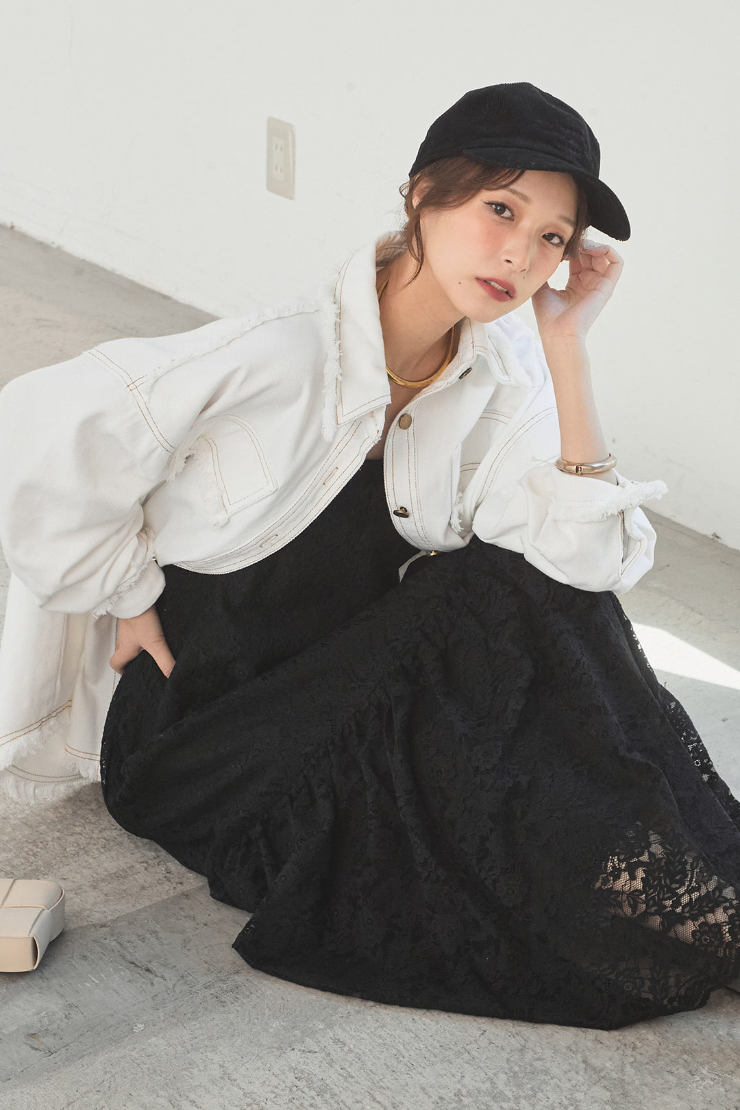 [SET]フリンジデニムジャケット+レース刺繍フレアキャミワンピース(2set)