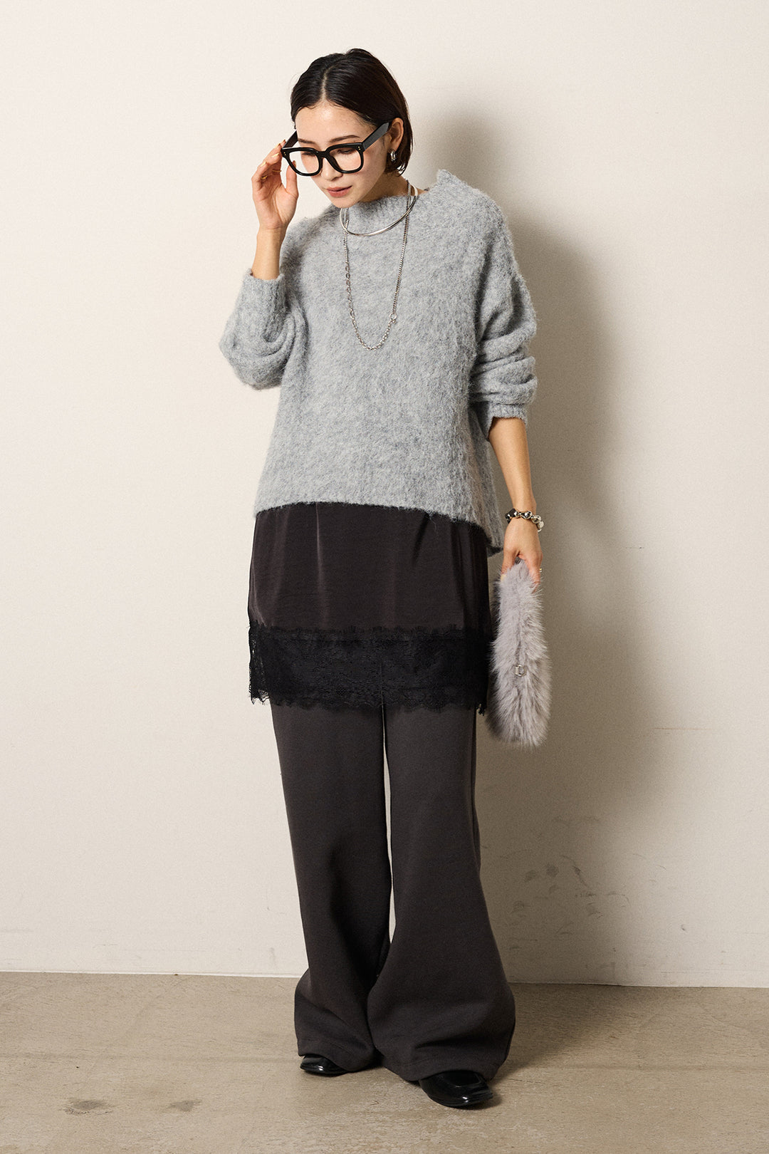 [SET]アルパカタッチオフショルニット+裏起毛スウェットワイドパンツ(2set)