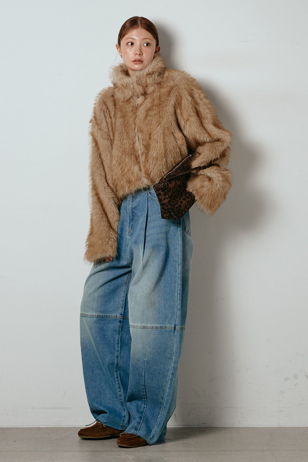 [SET]エコファーショート丈ブルゾン+加工デニムタックコクーンワイドパンツ(2set)