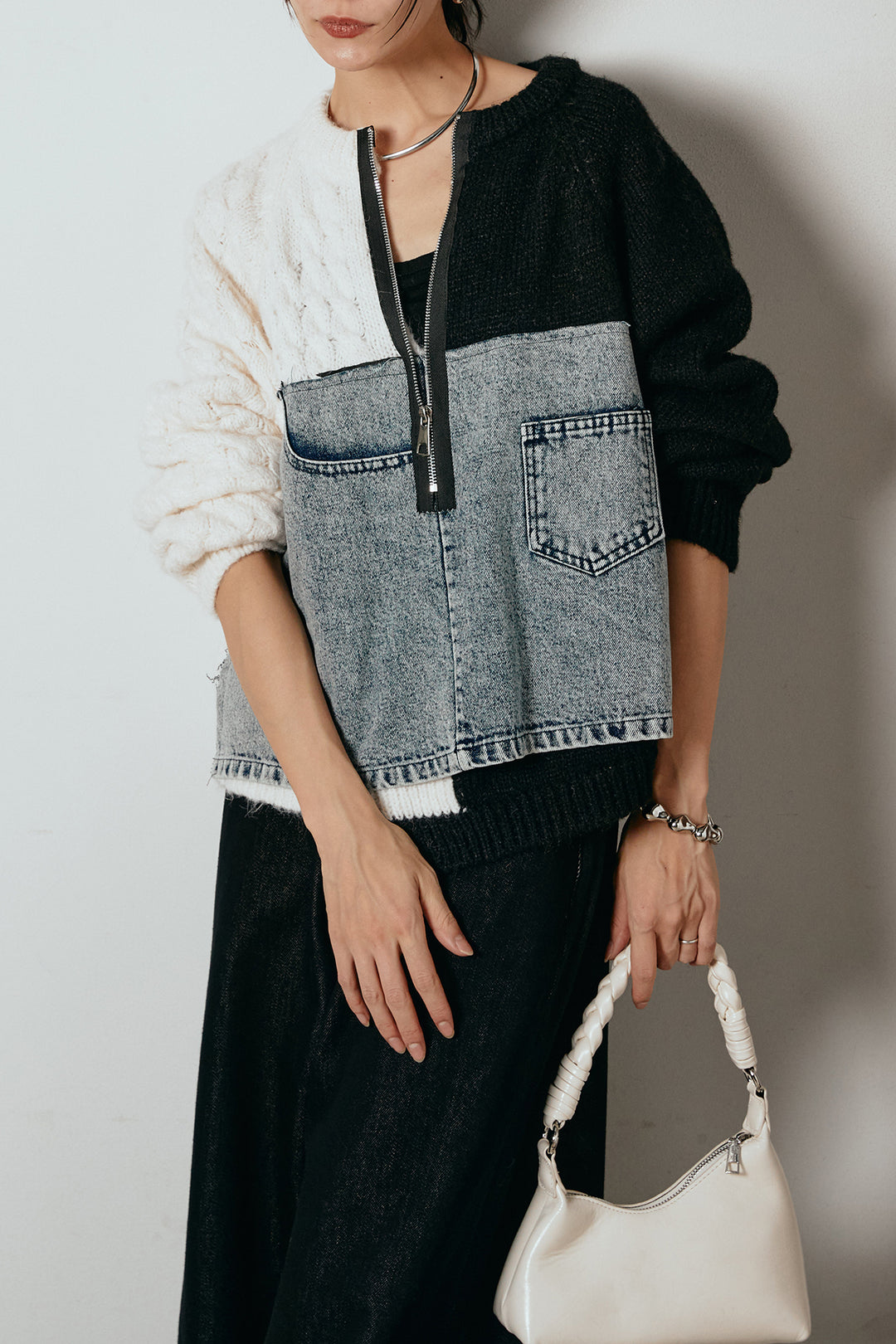 [SET]ハーフジップニットデニムドッキングトップス+ウエストダブルボタンワイドデニムパンツ(2set)