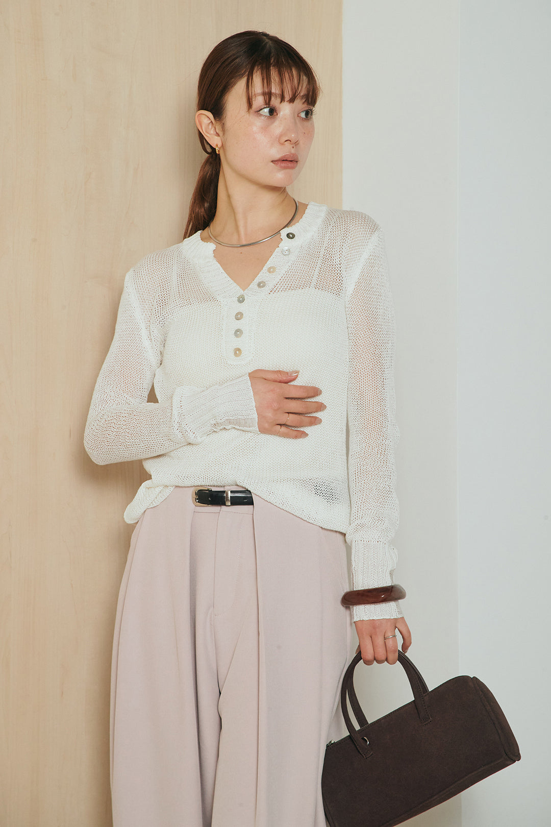 [SET]ヘンリーネックダメージニットプルオーバー+ビックベルトループタックベルト付きワイドパンツ(2set)