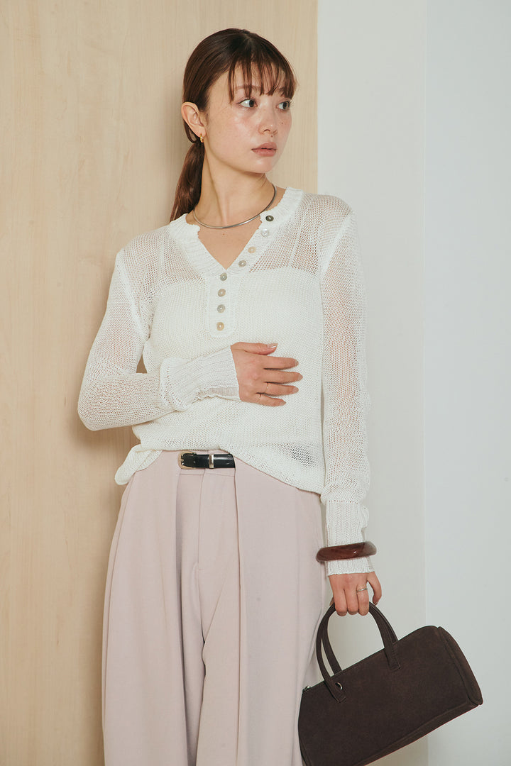 [SET]ヘンリーネックダメージニットプルオーバー+ビックベルトループタックベルト付きワイドパンツ(2set)