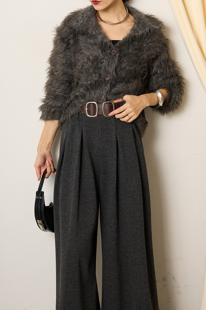 [SET]襟付きシャギーニットカーディガン+フェイクレザー太ベルト付きタックワイドパンツ(2set)