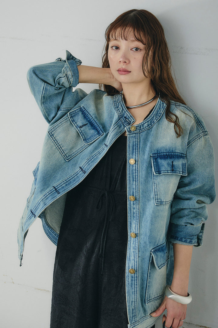 [SET]ノーカラーデニムポケットジャケット+レースサロペット(2set)