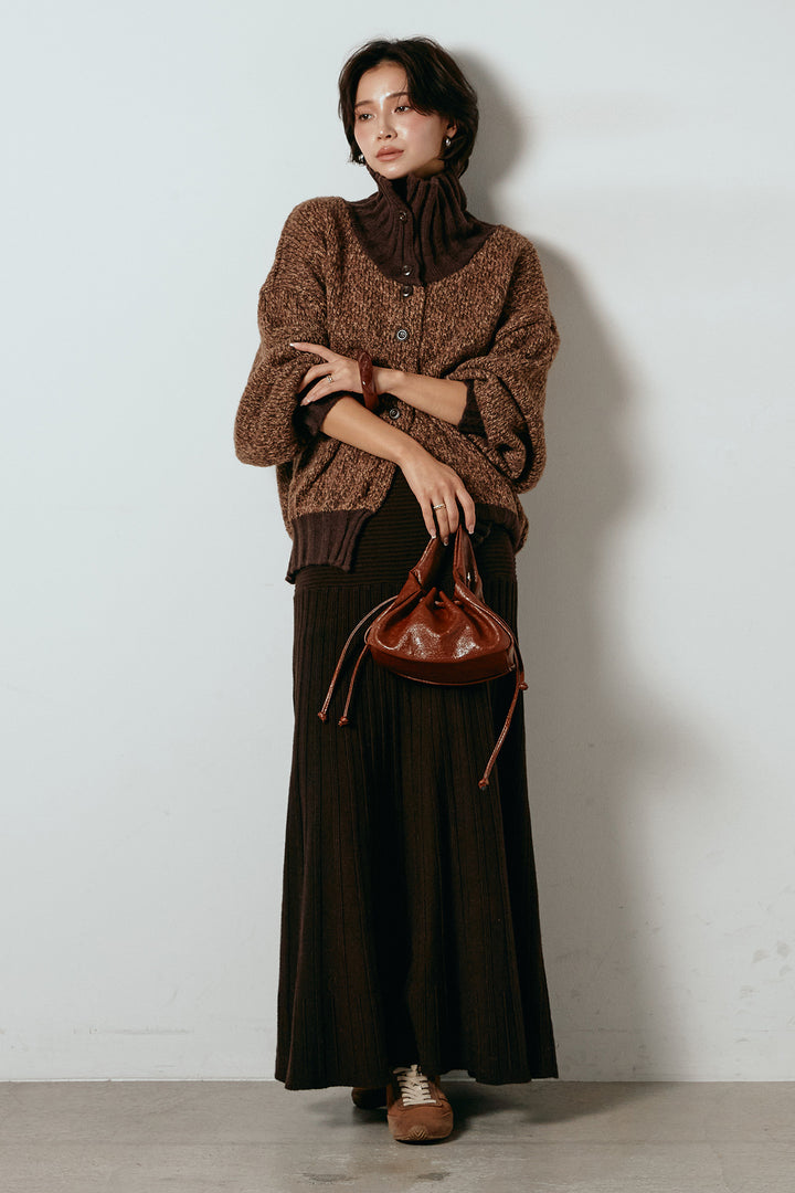 [SET]ハイネックミックスニットカーディガン+編み地切り替えフレアニットスカート(2set)