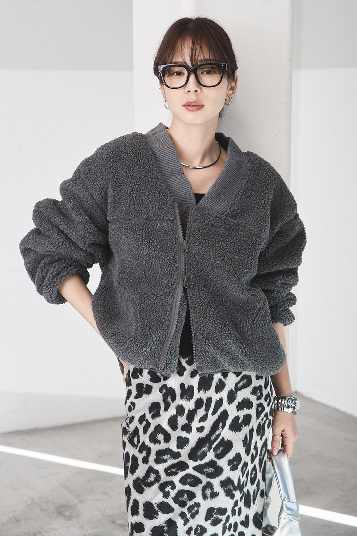 [SET]ノーカラーリブボアアウター+レオパードサテンナロースカート(2set)