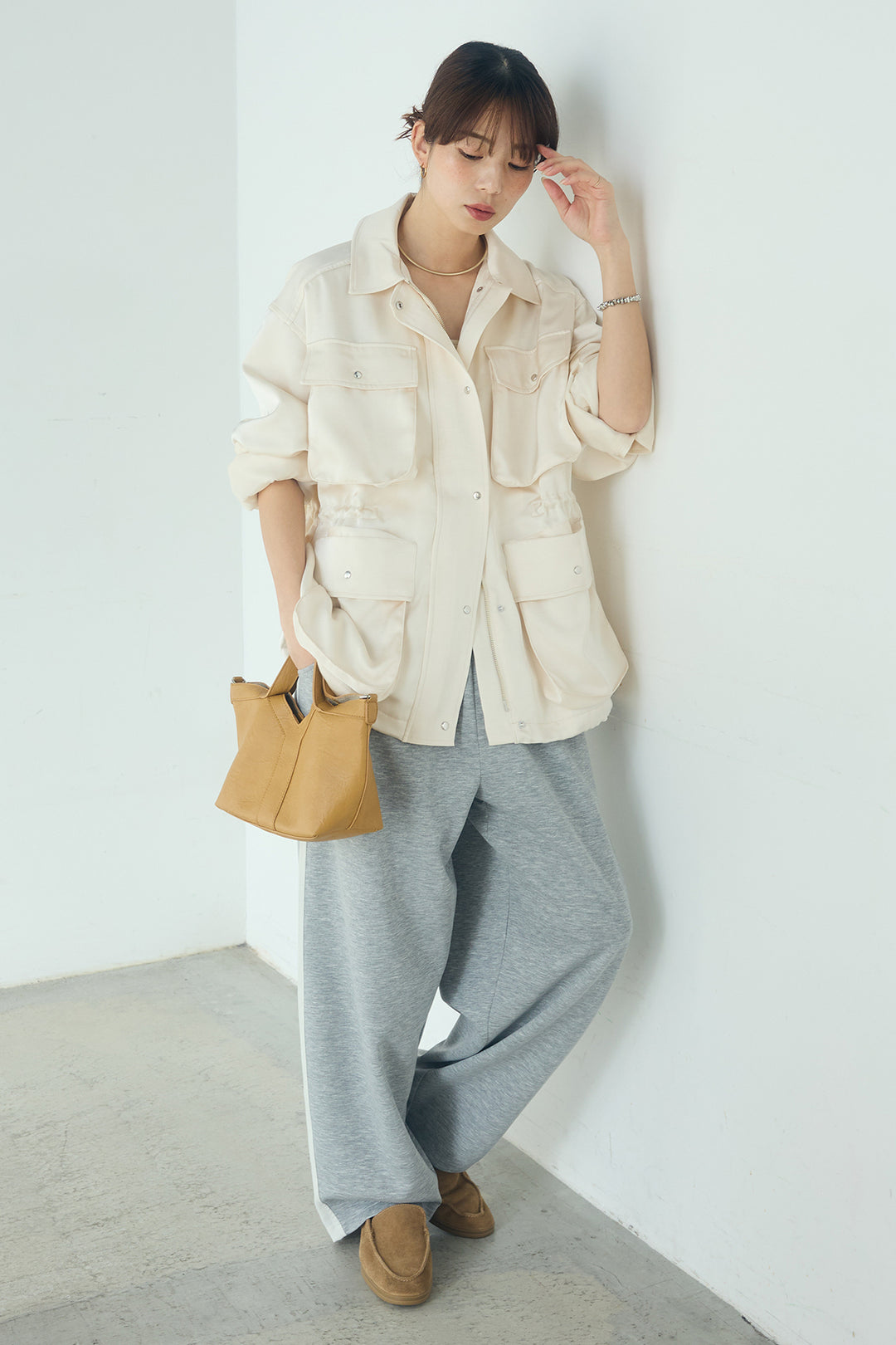 [SET]サテンライトブルゾン+異素材切り替えスウェットパンツ(2set)