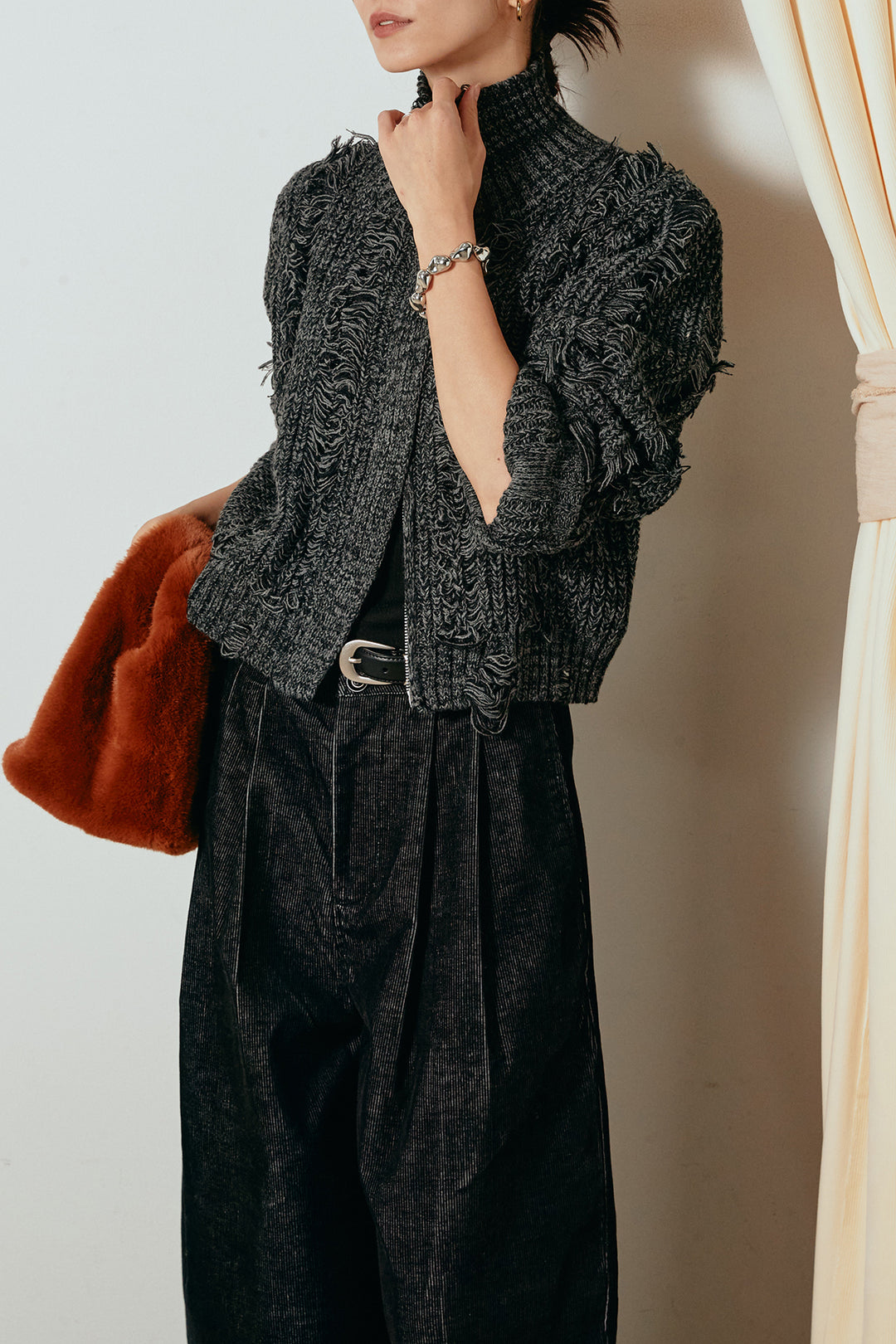 [SET]ハイネックフリンジジップニットトップス+フロントタック入りコーデュロイパンツ(2set)