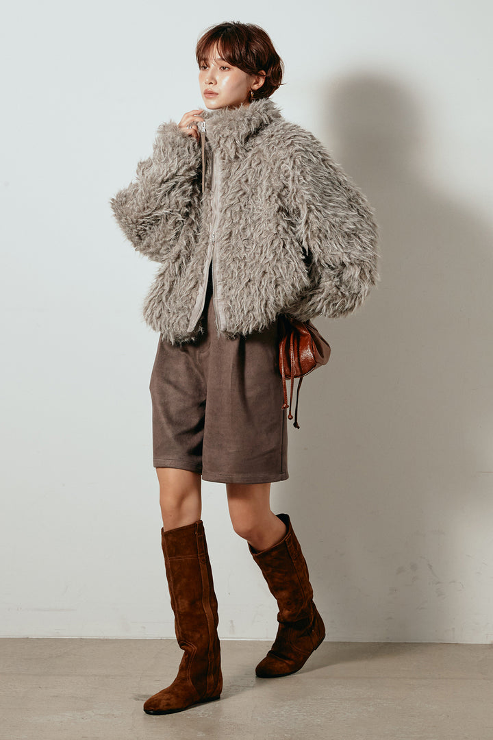 [SET]ミックスシープファースタンドブルゾン+フェイクスウェードハーフパンツ(2set)