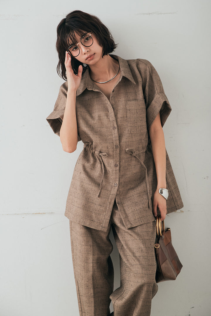 [SET]ツイードウエストドロストシャツ+ツイードタックパンツ(2set)